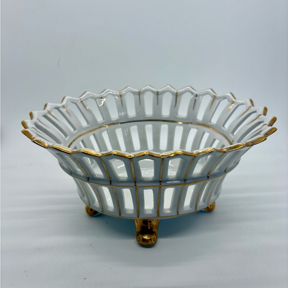 Vintage Reticulated Gold-Gilt Porcelain Footed Basket Bowl